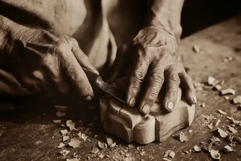 manos de artesano trabajando la madera en Bali