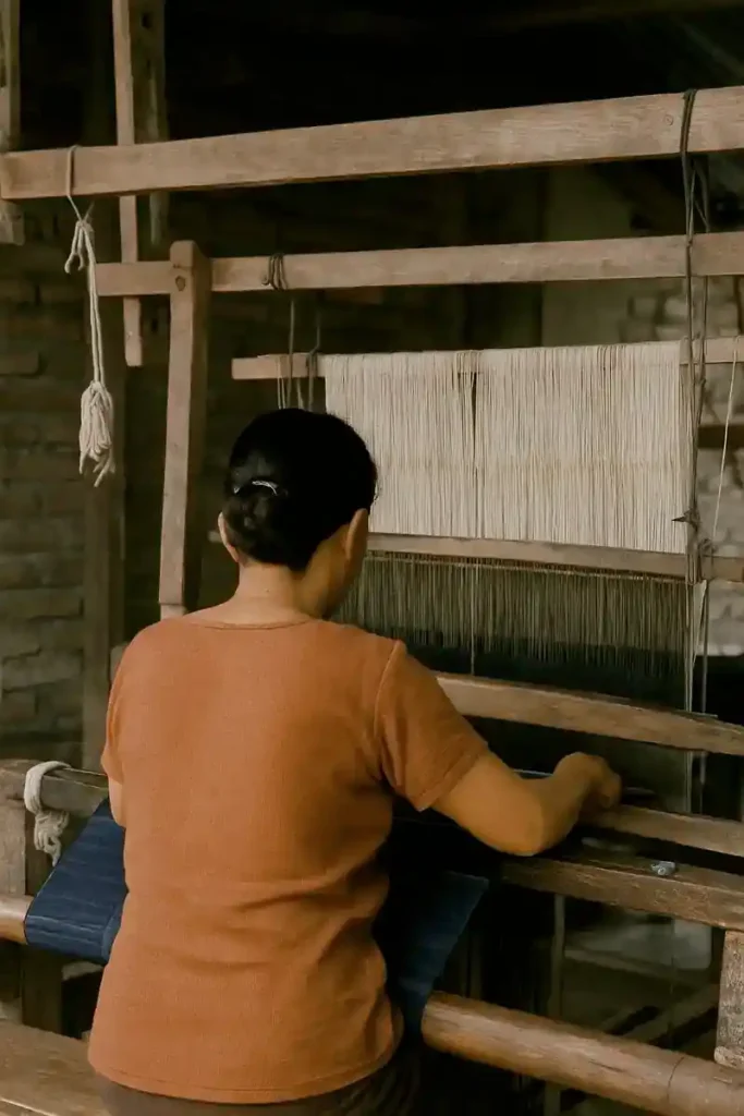 Mujer tejiendo en telar en Bali