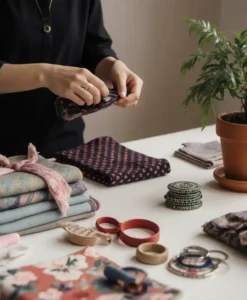 Mesa con telas y objetos de costura