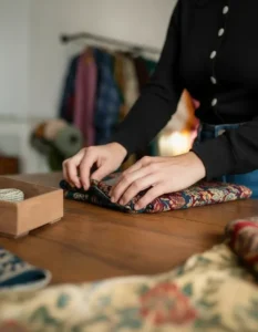 Manos doblando una tela estampada sobre la mesa de trabajo