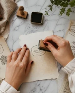 Manos estampando un sello de mercería sobre papel antiguo